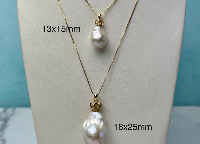 One-Of-A-Kind 13-18mm AAA Very Rare Natural White Genuine Baroque Pearl Pendant Gold Filled Crown Shape Design #1929-C