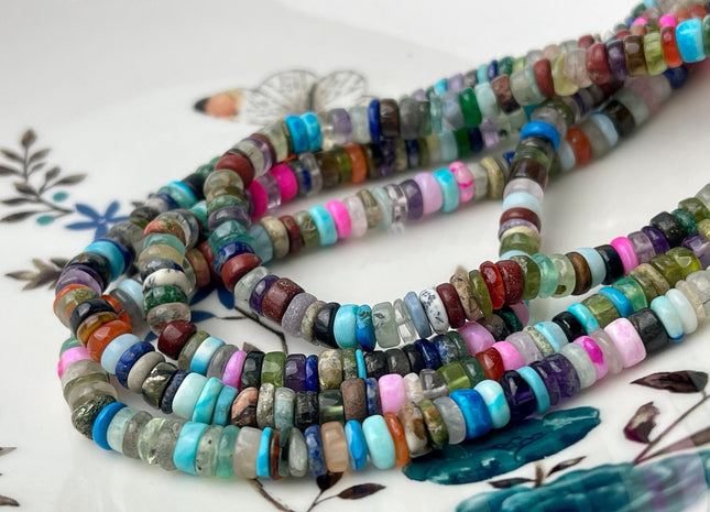 6mm AAA 100% All Natural Mixed Amethyst Lapis Chalcedony Emerald Green Garnet Black Tourmaline Smooth Rondelle Heishi Beads 16 Inches #4250