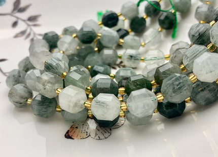 9x10mm Half Strand Faceted Energy Prism Cut Green Rutilated Rutile Quartz Gemstone Genuine Double Terminated Points Shape 16 Pieces #3637
