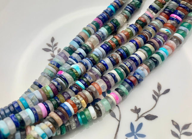 6mm 7mm 8mm 9mm AAA Natural Mixed Amethyst Lapis Chalcedony Emerald Green Garnet Black Tourmaline Moonstone Opal Heishi Beads 8 Inches #3754