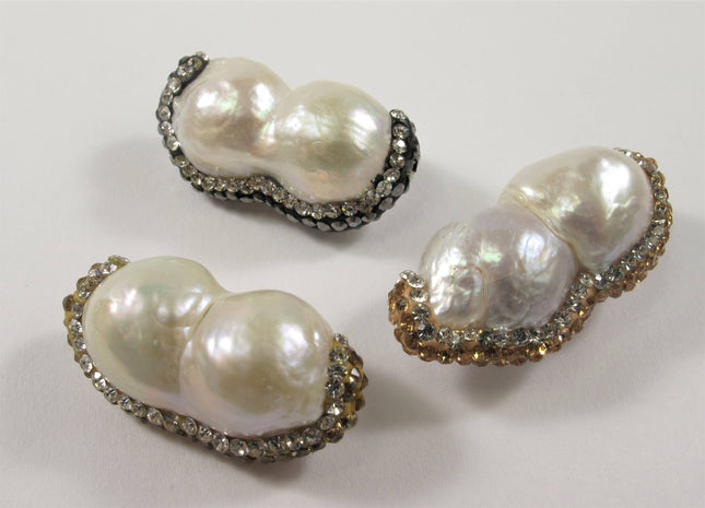 15-20 x 28-32mm LargeHole Peanut Pearl w/Half Pave Gold OR RoseGold OR Hematite Rhinestone/Cubic Ziroconia Pendant Bead 2.2mm Hole #610