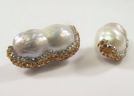 15-20 x 28-32mm LargeHole Peanut Pearl w/Half Pave Gold OR RoseGold OR Hematite Rhinestone/Cubic Ziroconia Pendant Bead 2.2mm Hole #610