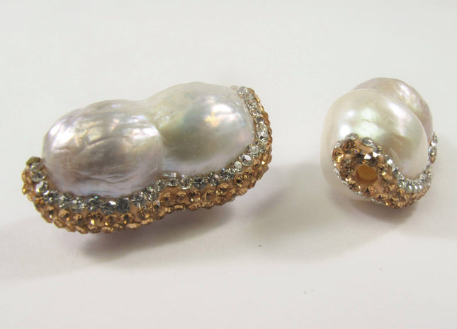 15-20 x 28-32mm LargeHole Peanut Pearl w/Half Pave Gold OR RoseGold OR Hematite Rhinestone/Cubic Ziroconia Pendant Bead 2.2mm Hole #610