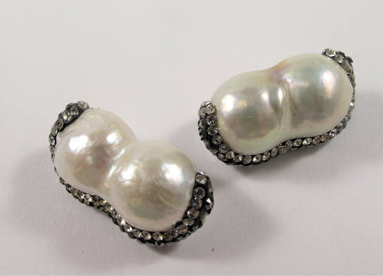 15-20 x 28-32mm LargeHole Peanut Pearl w/Half Pave Gold OR RoseGold OR Hematite Rhinestone/Cubic Ziroconia Pendant Bead 2.2mm Hole #610