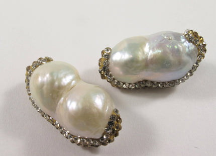 15-20 x 28-32mm LargeHole Peanut Pearl w/Half Pave Gold OR RoseGold OR Hematite Rhinestone/Cubic Ziroconia Pendant Bead 2.2mm Hole #610