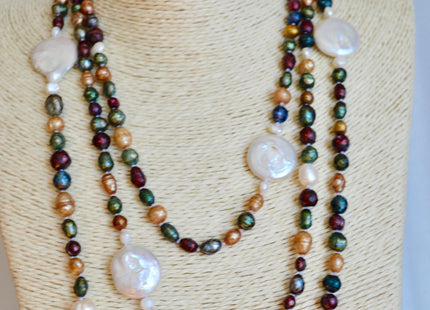 72 inches 6-21mm Faceted and Coin Genuine Pearl Necklace Multi Color Pearl Necklace Long Pearl Necklace #874