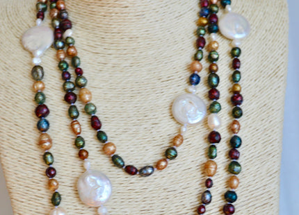 72 inches 6-21mm Faceted and Coin Genuine Pearl Necklace Multi Color Pearl Necklace Long Pearl Necklace #874
