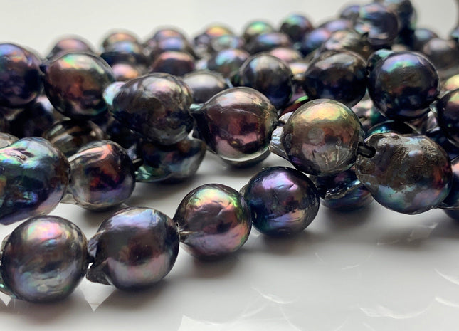 12-13x15-18 mm AA Half Strand Large Hole Peacock Color Freshwater Baroque Pearl Beads Hole Size 2.0 mm Genuine Rare Baroque Pearls #1964