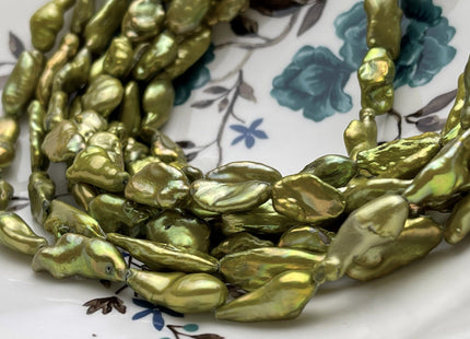8-10x13-18 mm Sage Green Color Keshi Freshwater Pearl Beads Large Size Green Color With Gold Sheen Keshi Rice Nugget Pearl Beads #P1765