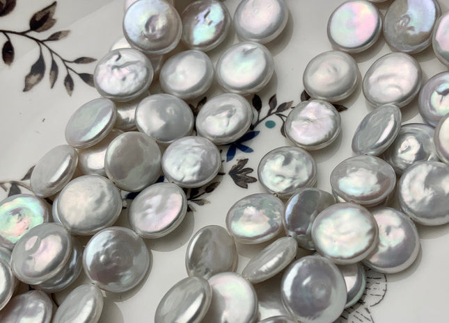 12-13mm or 13-14mm AAAA High Luster Top Quality Natural White Very Rare Genuine Flat Coin Freshwater Pearls 8 Inches 14-15 Pieces #P1485