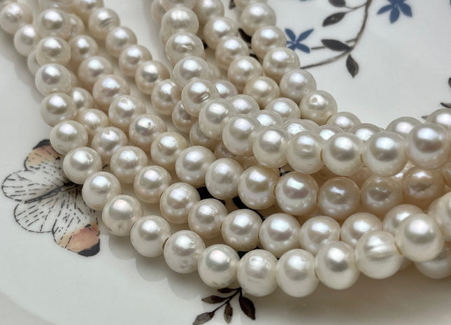 8 - 8.5 mm Half Strand AAA Large Hole High Luster Semi Round/Potato White Freshwater Pearls Beads 2.1mm Hole Large Hole Pearl Beads #170