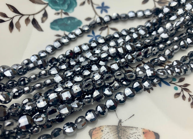 6 mm Micro Faceted Diamond Cut Tera Herz Flat Coin Disc Shape Gemstone Beads Genuine Natural Shiny Silver Color 15 Inches Strand #3170