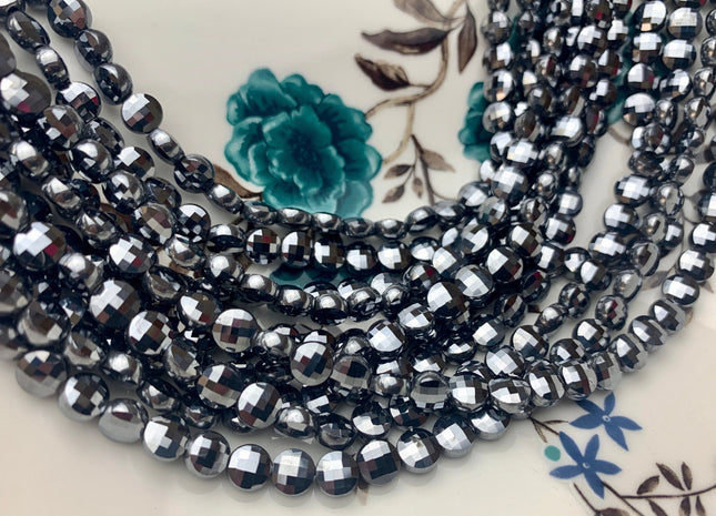 6 mm Micro Faceted Diamond Cut Tera Herz Flat Coin Disc Shape Gemstone Beads Genuine Natural Shiny Silver Color 15 Inches Strand #3170