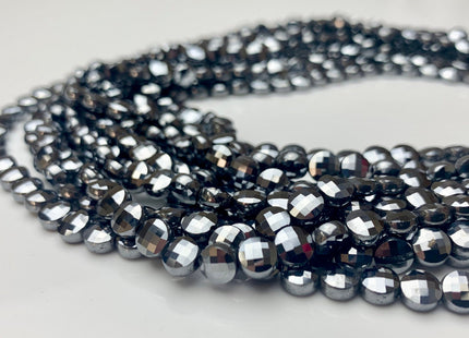 6 mm Micro Faceted Diamond Cut Tera Herz Flat Coin Disc Shape Gemstone Beads Genuine Natural Shiny Silver Color 15 Inches Strand #3170
