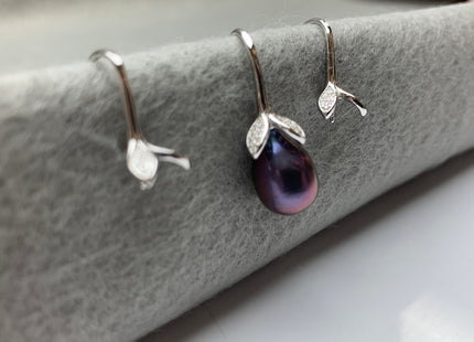 One Pair 925 Sterling Silver Earring Setting With CZ Genuine 925 Sterling Silver Earring Hook Findings For Half Drilled Pearls #10348-L