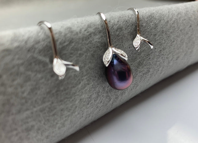 One Pair 925 Sterling Silver Earring Setting With CZ Genuine 925 Sterling Silver Earring Hook Findings For Half Drilled Pearls #10348-L