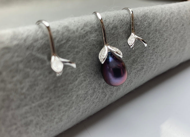 One Pair 925 Sterling Silver Earring Setting With CZ Genuine 925 Sterling Silver Earring Hook Findings For Half Drilled Pearls #10348-L