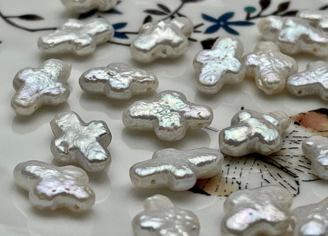 5 Pieces 9-10x14-15 mm High Luster Top Drilled Natural White Cross Coin Freshwater Pearl Genuine Unique Freshwater Pearl Beads #P2143