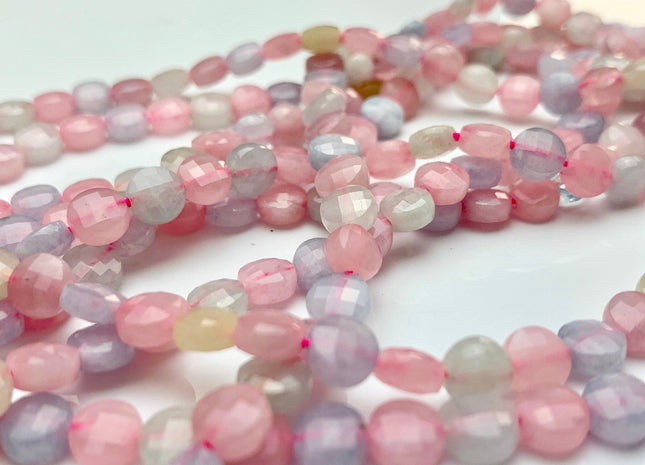 6 mm Micro Faceted Diamond Cut Morganite Flat Coin Disc Shape Gemstone Beads Genuine Natural Aquamarine Rose Quartz 15 Inches Strand #3163