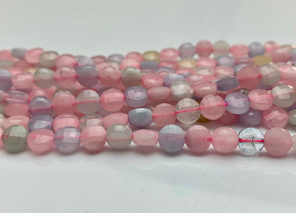 6 mm Micro Faceted Diamond Cut Morganite Flat Coin Disc Shape Gemstone Beads Genuine Natural Aquamarine Rose Quartz 15 Inches Strand #3163
