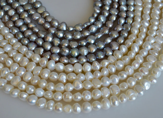 8-9 mm AA Large Hole Freshwater Pearl Nuggets Hole Size 2.1 mm, Natural White OR Silver Gray Color Genuine Nugget Pearls #87