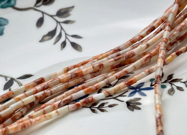 2x4 mm Tube Shape Natural Web Jasper Gemstone Beads Genuine Salmon Pink White Jasper Gemstones Loose Spacer Beads 15.5 Inches Strand #3912