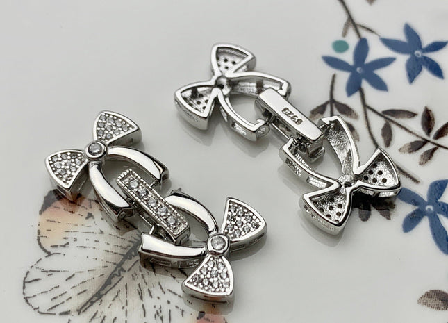 13x30mm 925 Sterling Silver Double Bow Tie Shape Clasp Genuine Sterling Silver Findings 925 Sterling Silver Clasps w/CZ DIY Jewelry #10109