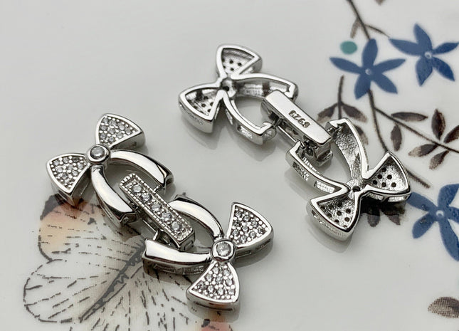 13x30mm 925 Sterling Silver Double Bow Tie Shape Clasp Genuine Sterling Silver Findings 925 Sterling Silver Clasps w/CZ DIY Jewelry #10109