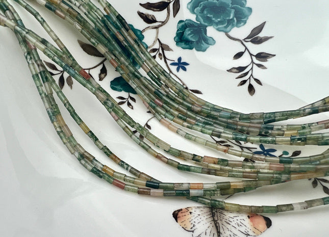 2x4 mm Tube Shape Indian Agate Gemstone Beads Genuine Green And Brown Color Agate Gemstones Loose Spacer Beads 15.5 Inches Strand #4209