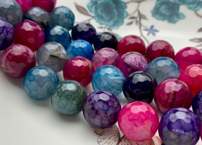 16 mm Faceted Round Fire Agate Gemstone Beads Heat Treated Multi Purple Pink Blue Color Natural Gemstone Agate 15.5 Inches Strand #2919