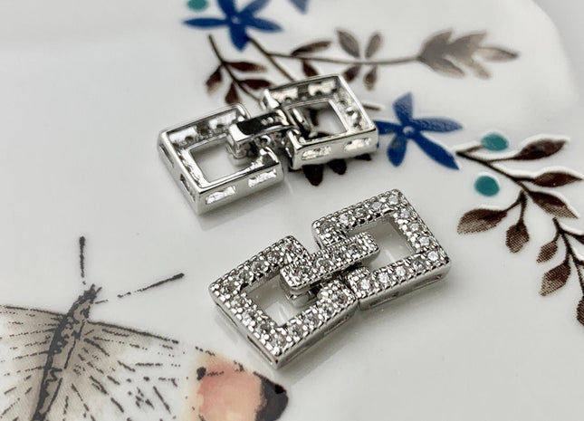 9x19mm 925 Sterling Silver Antique Double Square Shape Clasp Genuine Silver Findings 925 Sterling Silver Clasps w/CZ DIY Jewelry #10111