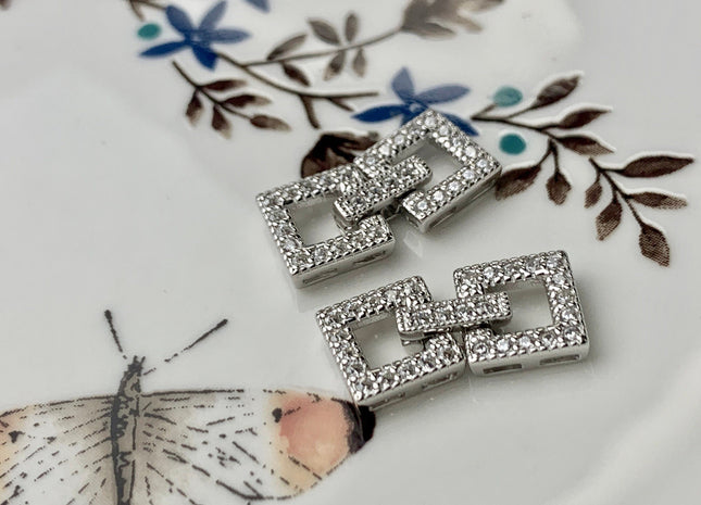 9x19mm 925 Sterling Silver Antique Double Square Shape Clasp Genuine Silver Findings 925 Sterling Silver Clasps w/CZ DIY Jewelry #10111
