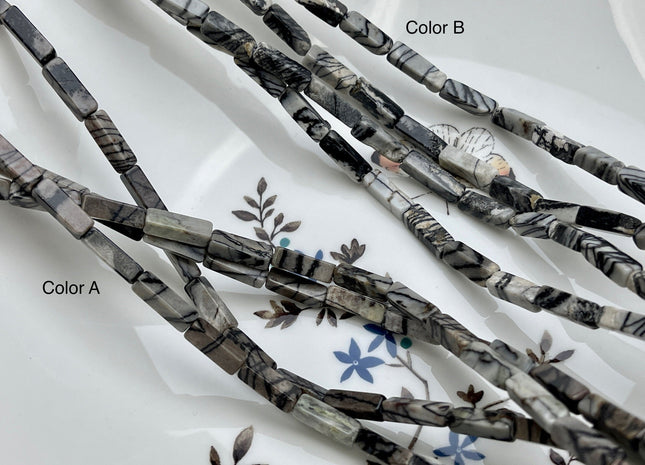 4-5x13 mm Cuboid Tube Shape White Gray Black Spider Web Jasper Gemstone Beads Jasper Gemstones Loose Beads 15.5 Inches Strand #3826