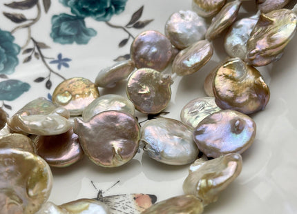 20-22 mm Large Hole Jumbo Natural Seaweed Flat Coin Pearl Beads Hole Size 2.1 mm Genuine Freshwater Seaweed Pink Coin Pearl 18 Beads #656