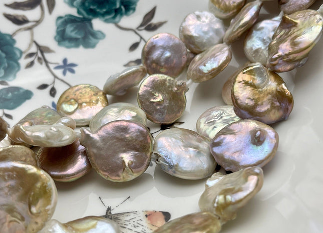 20-22 mm Large Hole Jumbo Natural Seaweed Flat Coin Pearl Beads Hole Size 2.1 mm Genuine Freshwater Seaweed Pink Coin Pearl 18 Beads #656