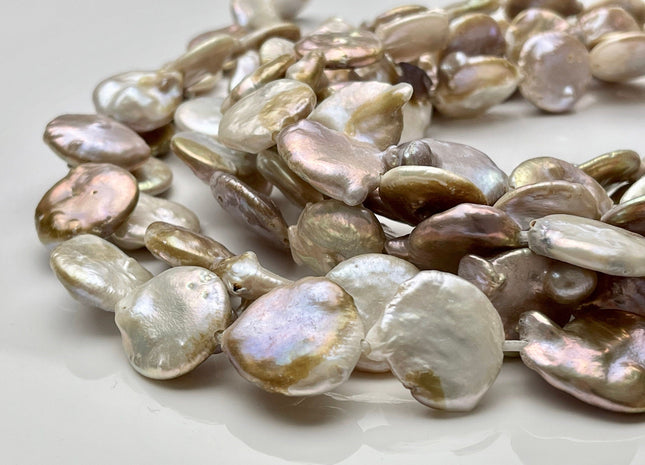 20-22 mm Large Hole Jumbo Natural Seaweed Flat Coin Pearl Beads Hole Size 2.1 mm Genuine Freshwater Seaweed Pink Coin Pearl 18 Beads #656