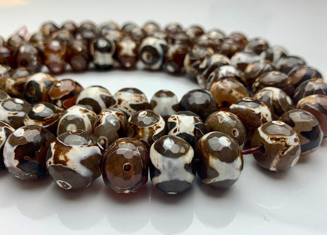 12x16 mm AAA DZI Tibetan Agate Faceted Drum Shape Dark Brown Color Eye Agate Gemstone Mala Antique Boho Beads 12 Inches 28 Pieces #3182