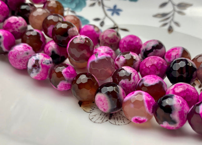 12 mm Faceted Round Fire Agate Gemstone Beads Heat Treated Mixed Hot Pink And Brown Color Natural Agate 15.5 Inches Strand #2695