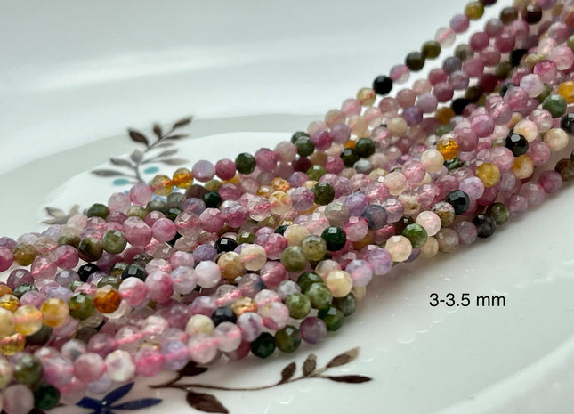 WHOLESALE 2mm 3mm Natural Color Tiny Tourmaline Gemstone Beads Multi Color Faceted Round Pink Green Tourmaline Beads 15.5 Inches #2063