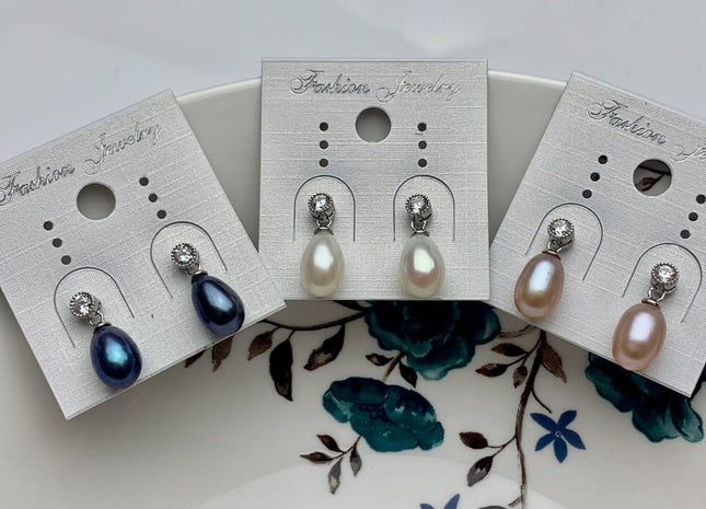 7.5x10 mm White Pink Peacock Freshwater Pearl Earrings With Classic Design 925 Sterling Silver Earrings #10051-B