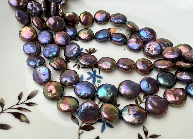 11-12 mm Purplish Peacock Flat Coin Freshwater Pearl Beads Limited Edition Purplish Peacock Pearls 31 Pieces #1133