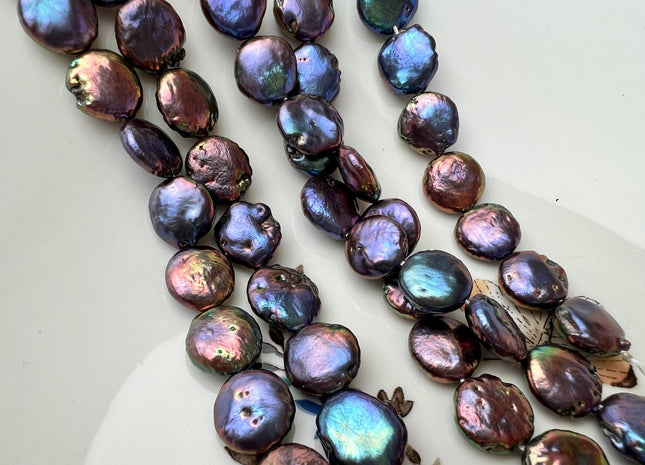11-12 mm Purplish Peacock Flat Coin Freshwater Pearl Beads Limited Edition Purplish Peacock Pearls 31 Pieces #1133