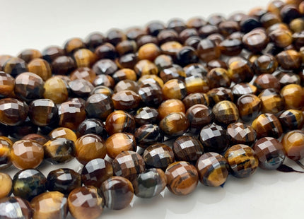 6 mm Micro Faceted Diamond Cut Brown Color Tiger Eye Gemstones Flat Coin Disc Shape Gemstone Beads Genuine Tiger Eye 15 Inches Strand #2836