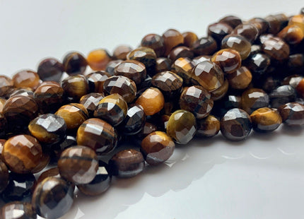 6 mm Micro Faceted Diamond Cut Brown Color Tiger Eye Gemstones Flat Coin Disc Shape Gemstone Beads Genuine Tiger Eye 15 Inches Strand #2836
