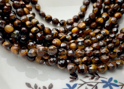6 mm Micro Faceted Diamond Cut Brown Color Tiger Eye Gemstones Flat Coin Disc Shape Gemstone Beads Genuine Tiger Eye 15 Inches Strand #2836