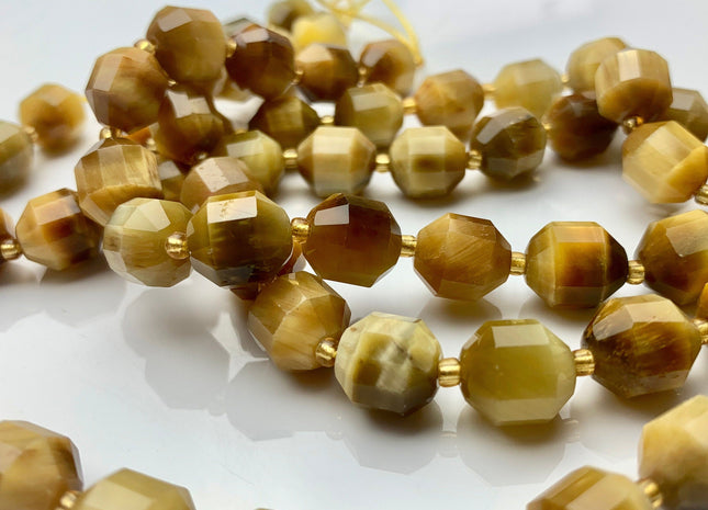 11x12mm AAA Half Strand Faceted Energy Prism Cut Golden Tiger Eye Gemstone Genuine Double Terminated Points Gemmy Gold Tiger Eye Beads #3602