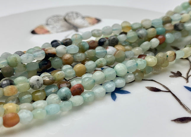 4mm 6mm Micro Faceted Diamond Cut Brown and Blue Color Amazonite Flat Coin Disc Shape 15.5 Inches Strand #3082