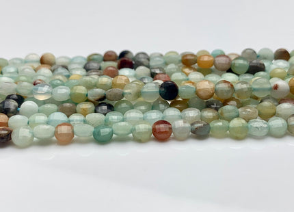 4mm Micro Faceted Diamond Cut Brown and Blue Color Amazonite Flat Coin Disc Shape Genuine Amazonite Gemstone Beads 15.5 Inches Strand #3082