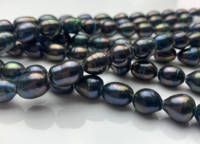 8-9x11-12 mm Large Hole Half Strand Navy Peacock Color Rice Freshwater Pearl Beads Hole Size 2.2 mm Genuine Large Hole Pearls #1701
