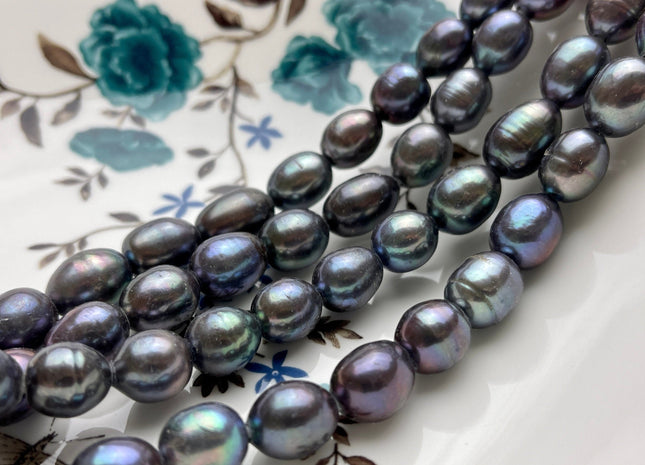 10-11x12-13 mm Large Hole Half Strand Peacock Rice Freshwater Pearl Beads, Peacock Freshwater Rice Shape Hole 2.2mm 16 Beads #1287